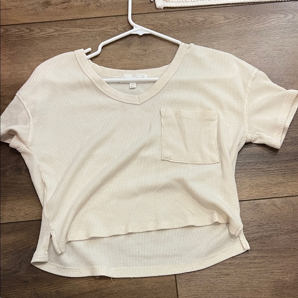 Cream Short Sleeve Waffle Knit Top